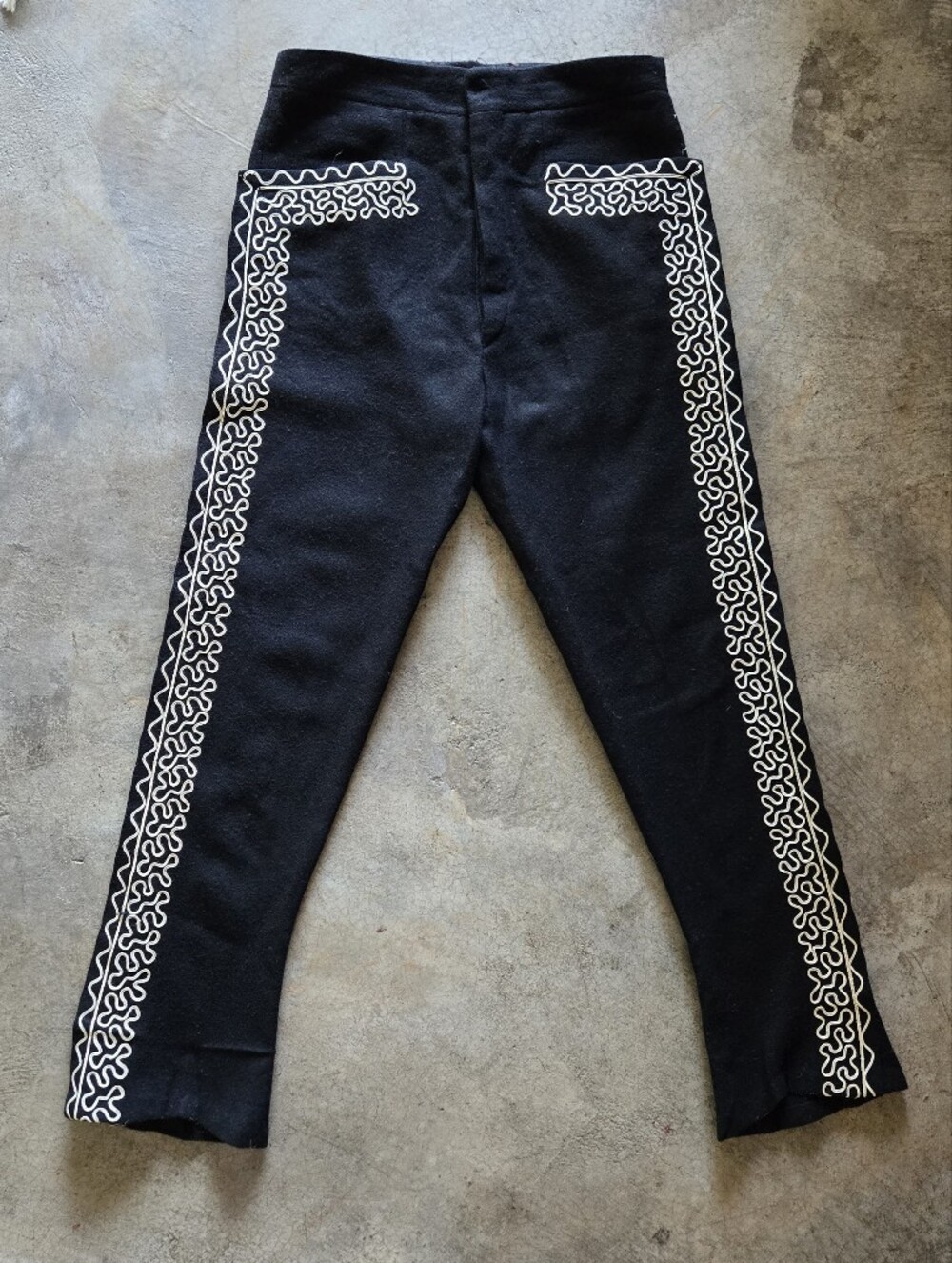Vintage 60s Handmade Black Trousers with Cream Embroidered Trim